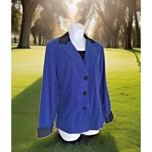 Elementz Blazer M Royal Blue Faux Suede Black Trim 3 Button Lightweight Spandex